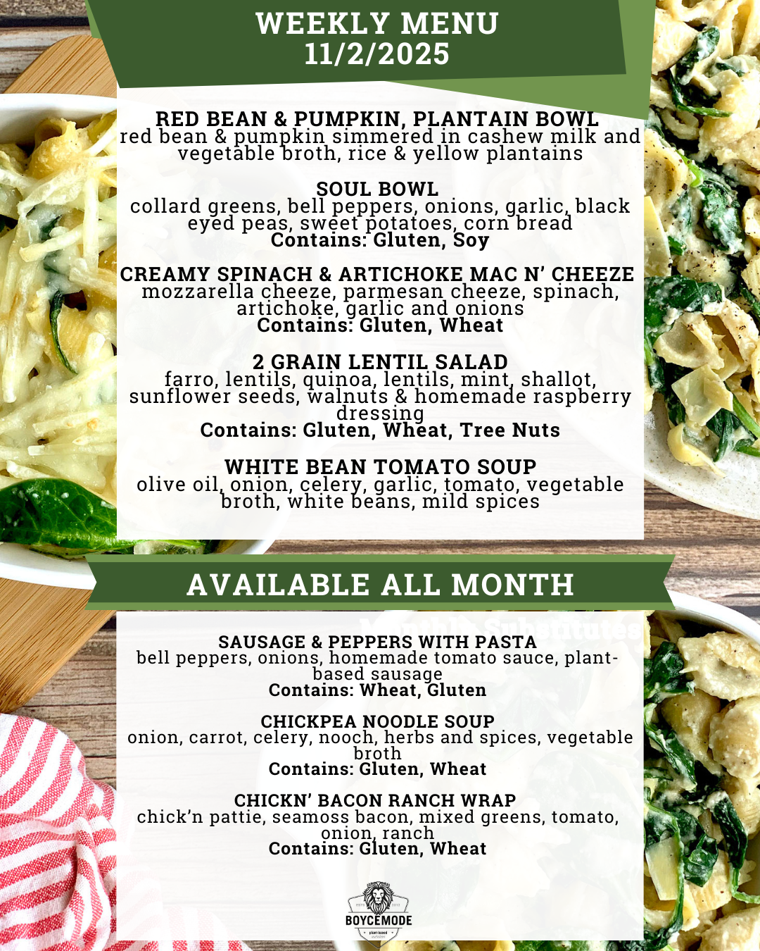 THIS WEEKS MENU vegan meal menu