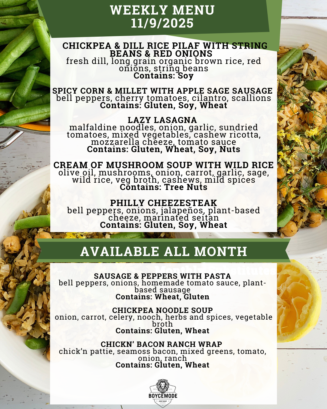 vegan meal menu