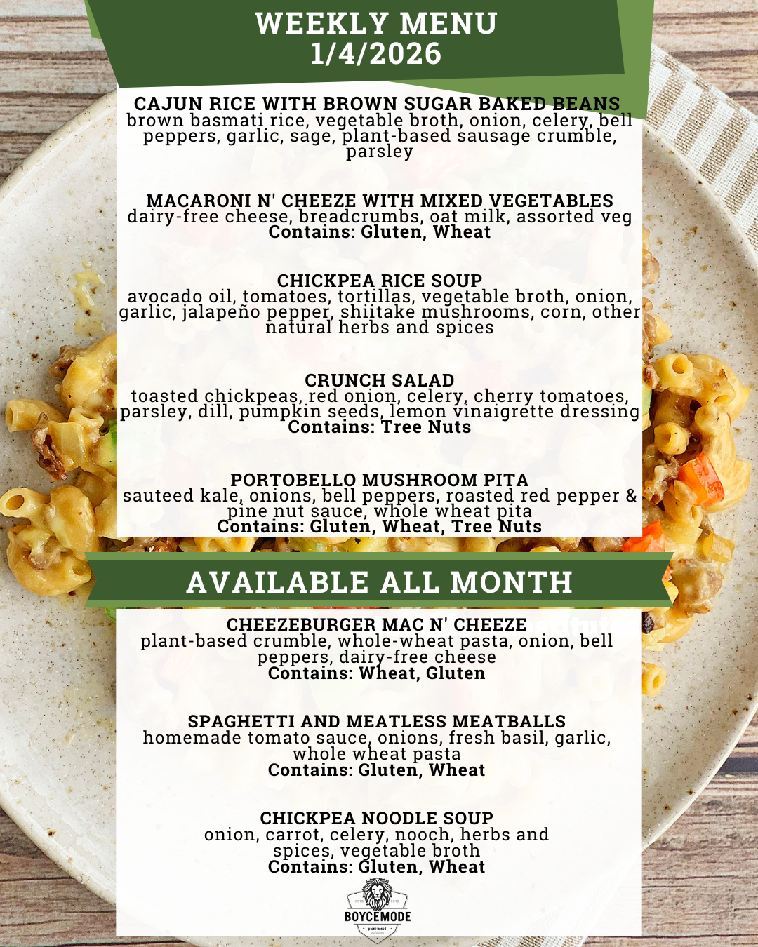 vegan meal menu