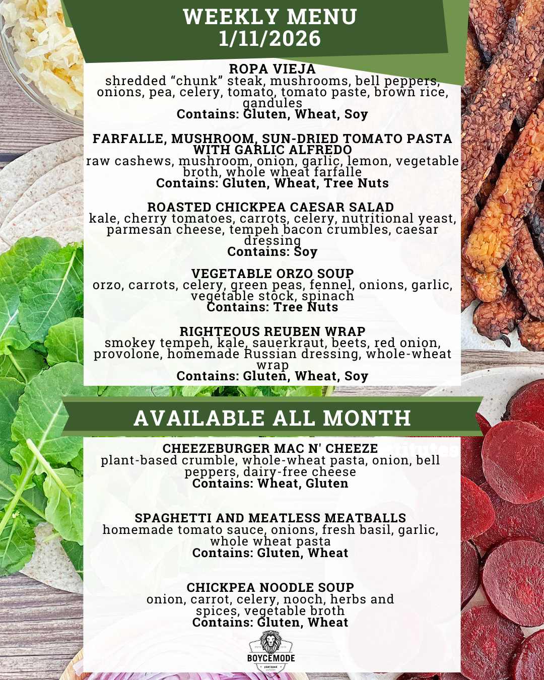 vegan meal menu
