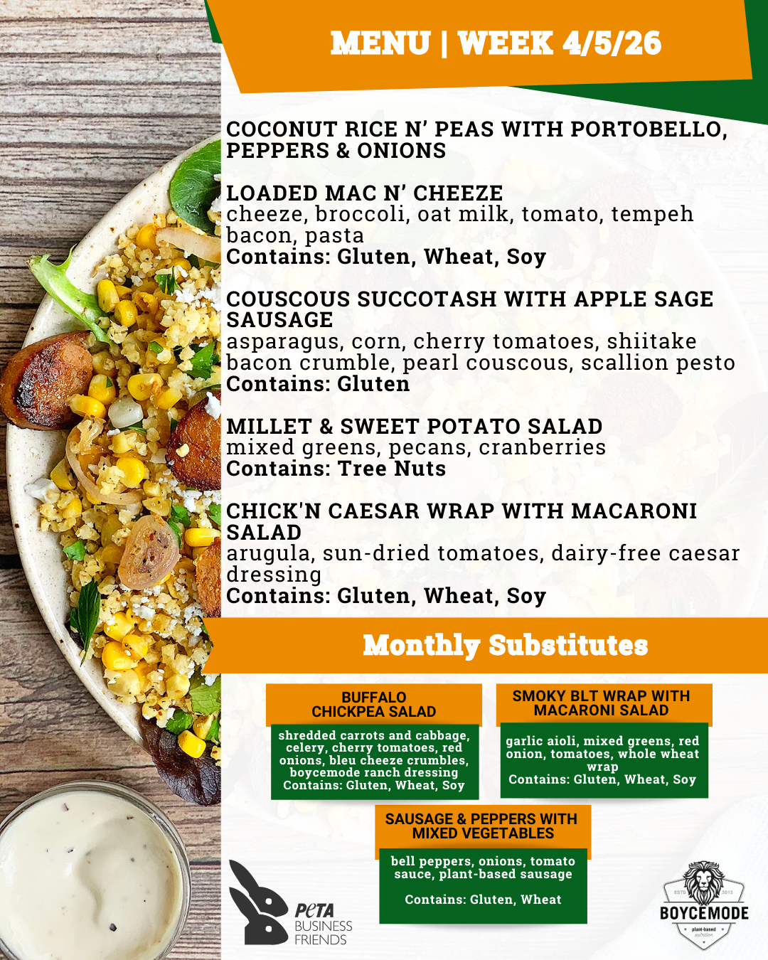 vegan meal menu