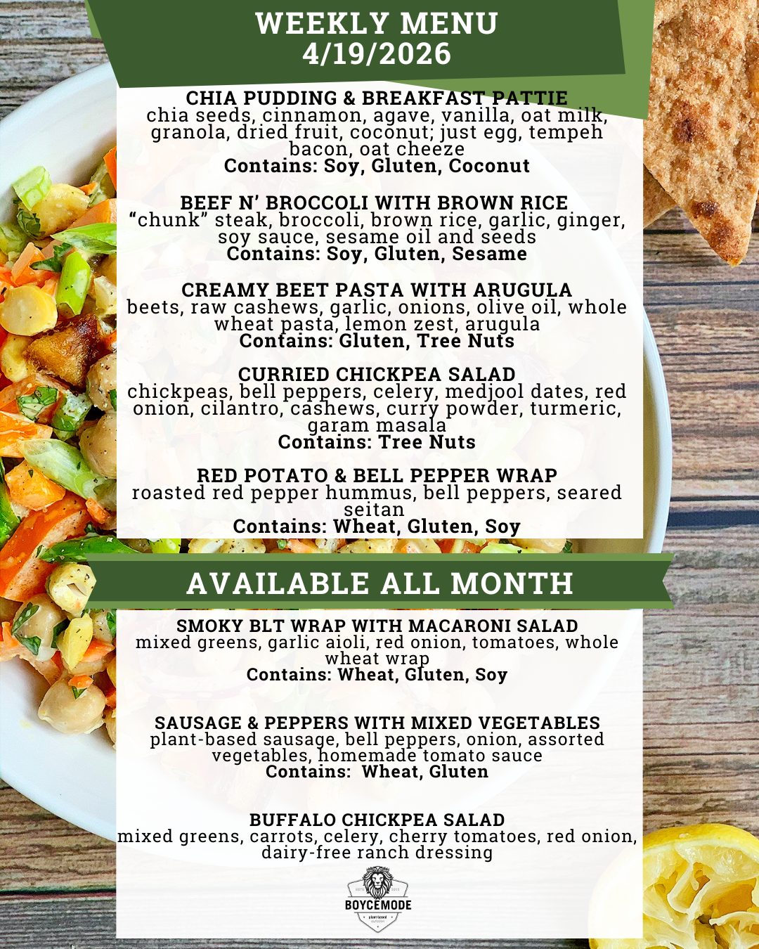 vegan meal menu