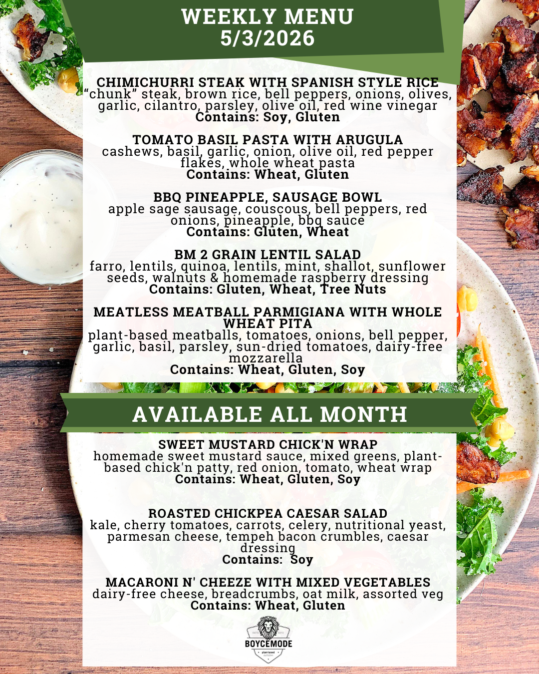 vegan meal menu