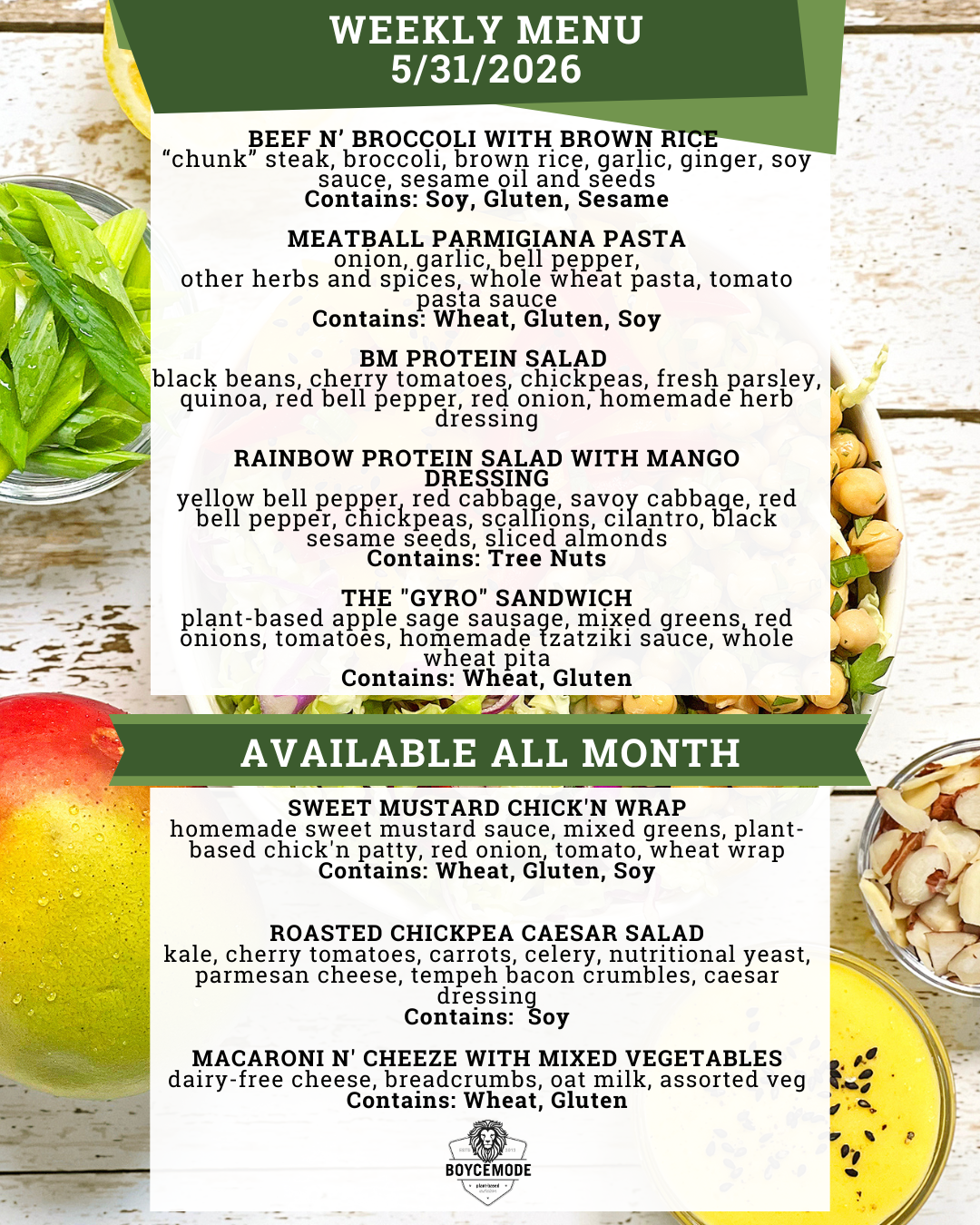 vegan meal menu