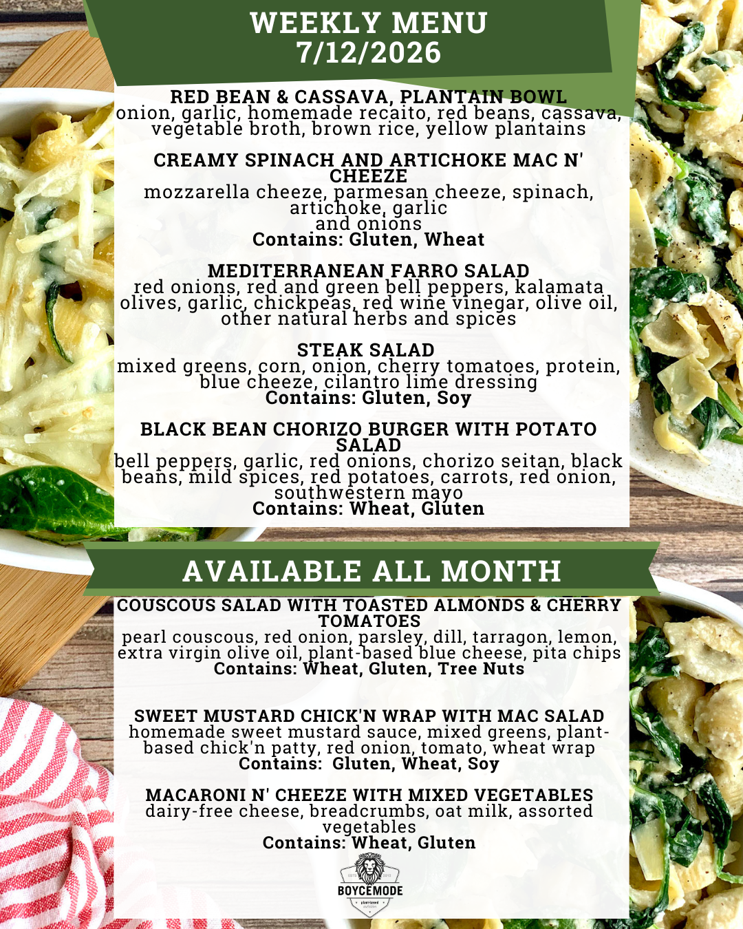 vegan meal menu