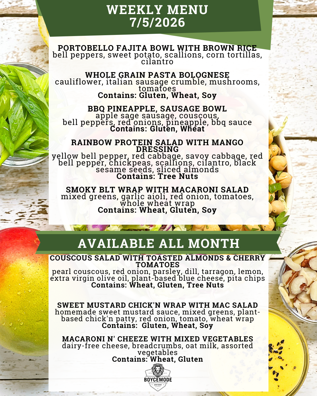 vegan meal menu