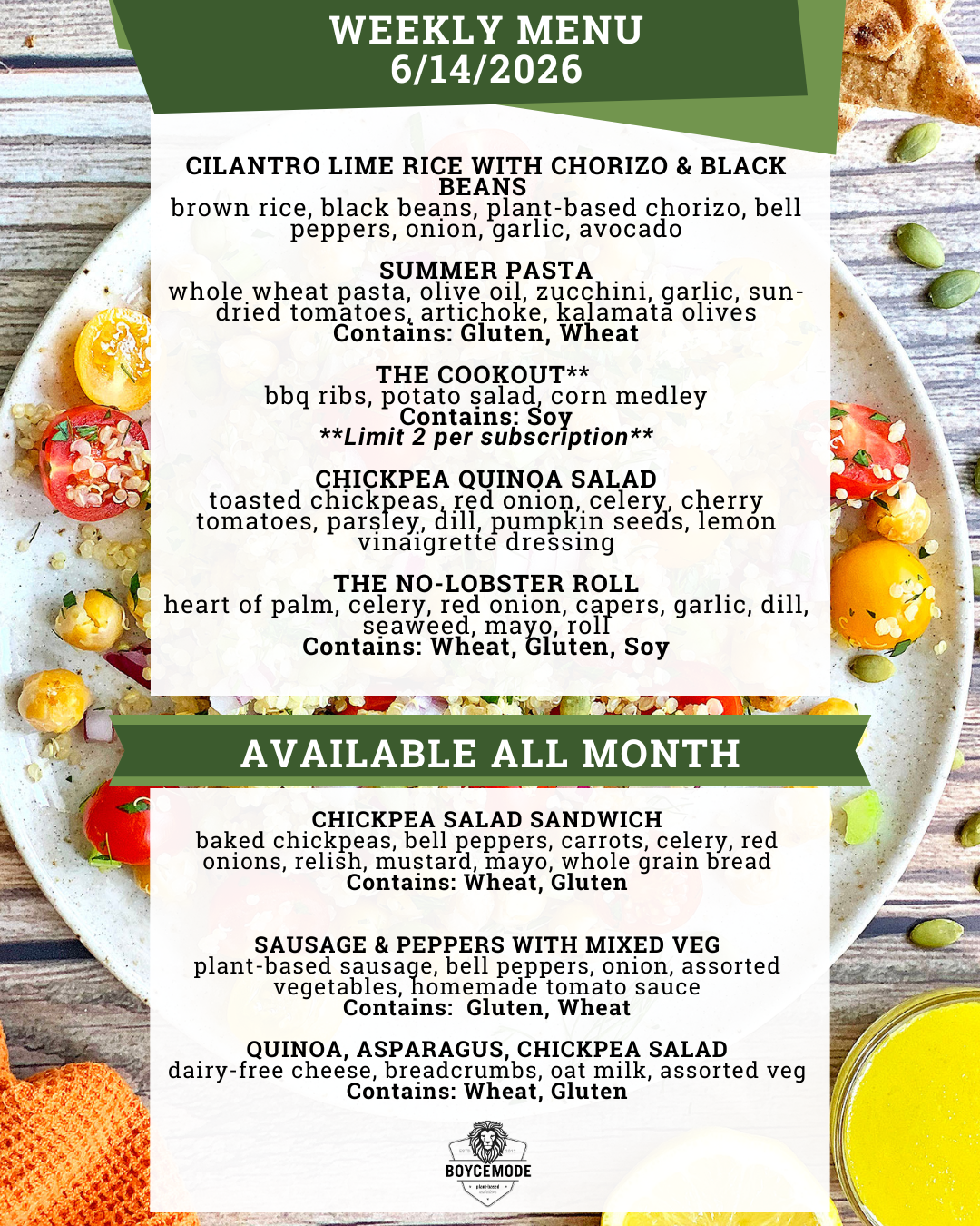 vegan meal menu