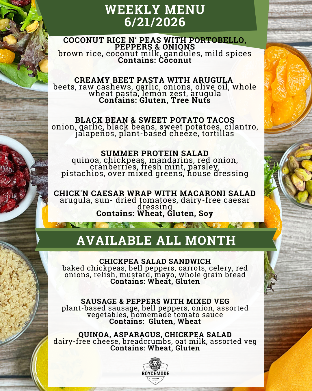 vegan meal menu