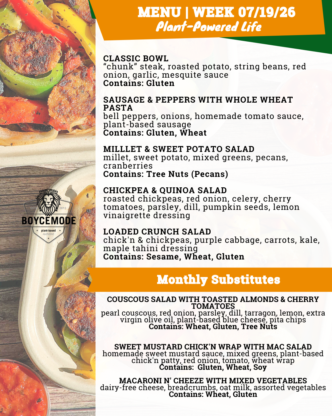 vegan meal menu