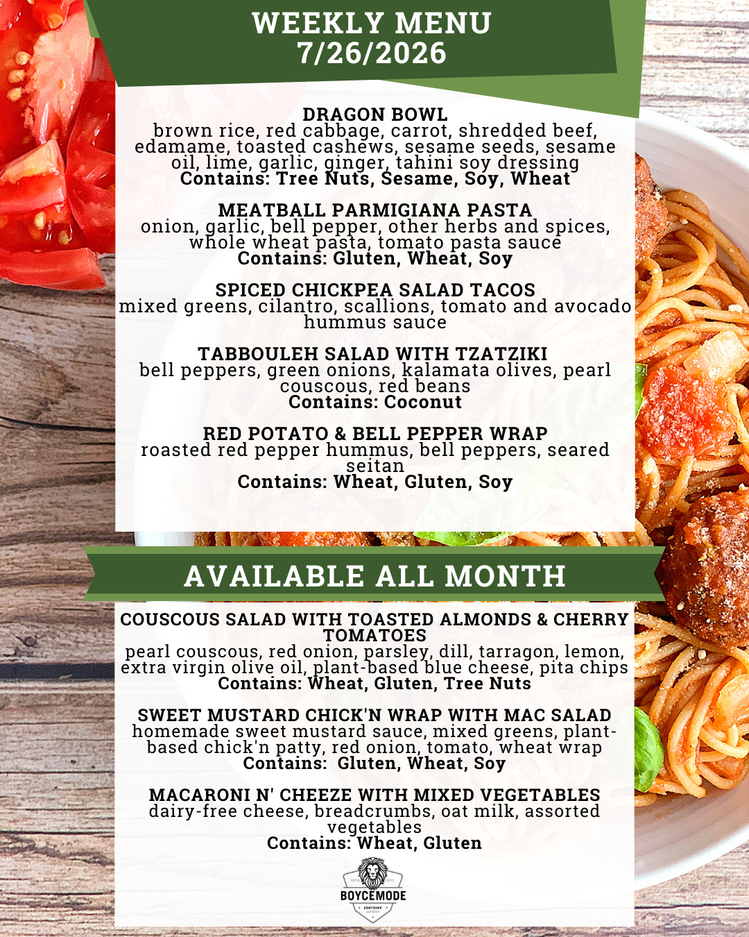 vegan meal menu