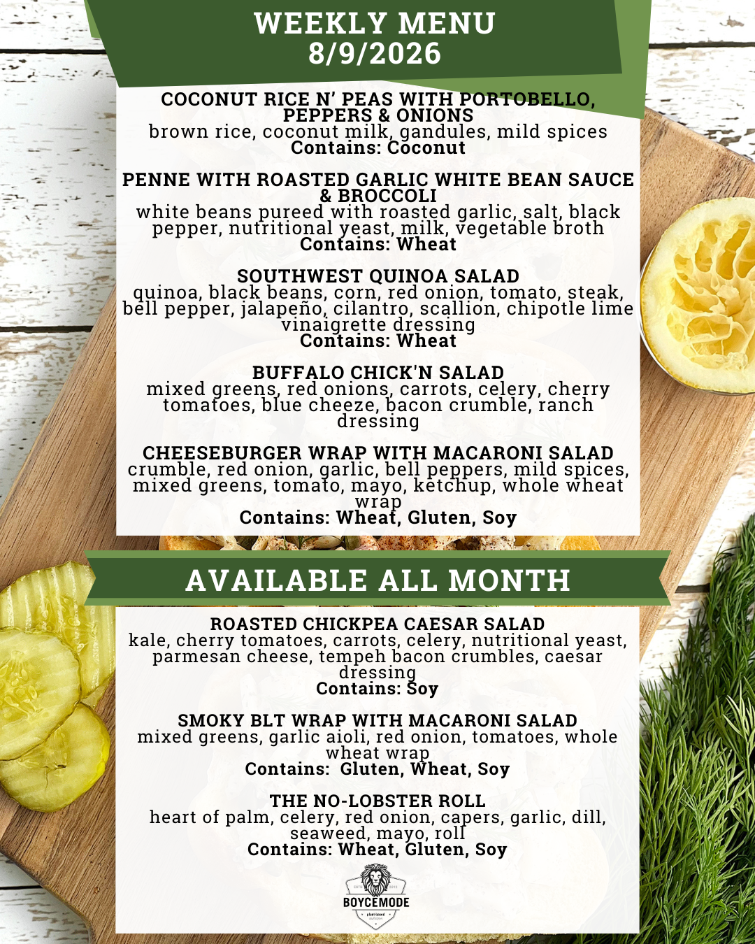 vegan meal menu