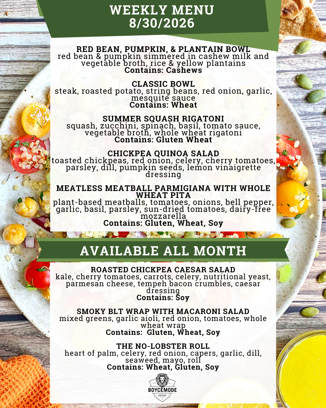 vegan meal menu