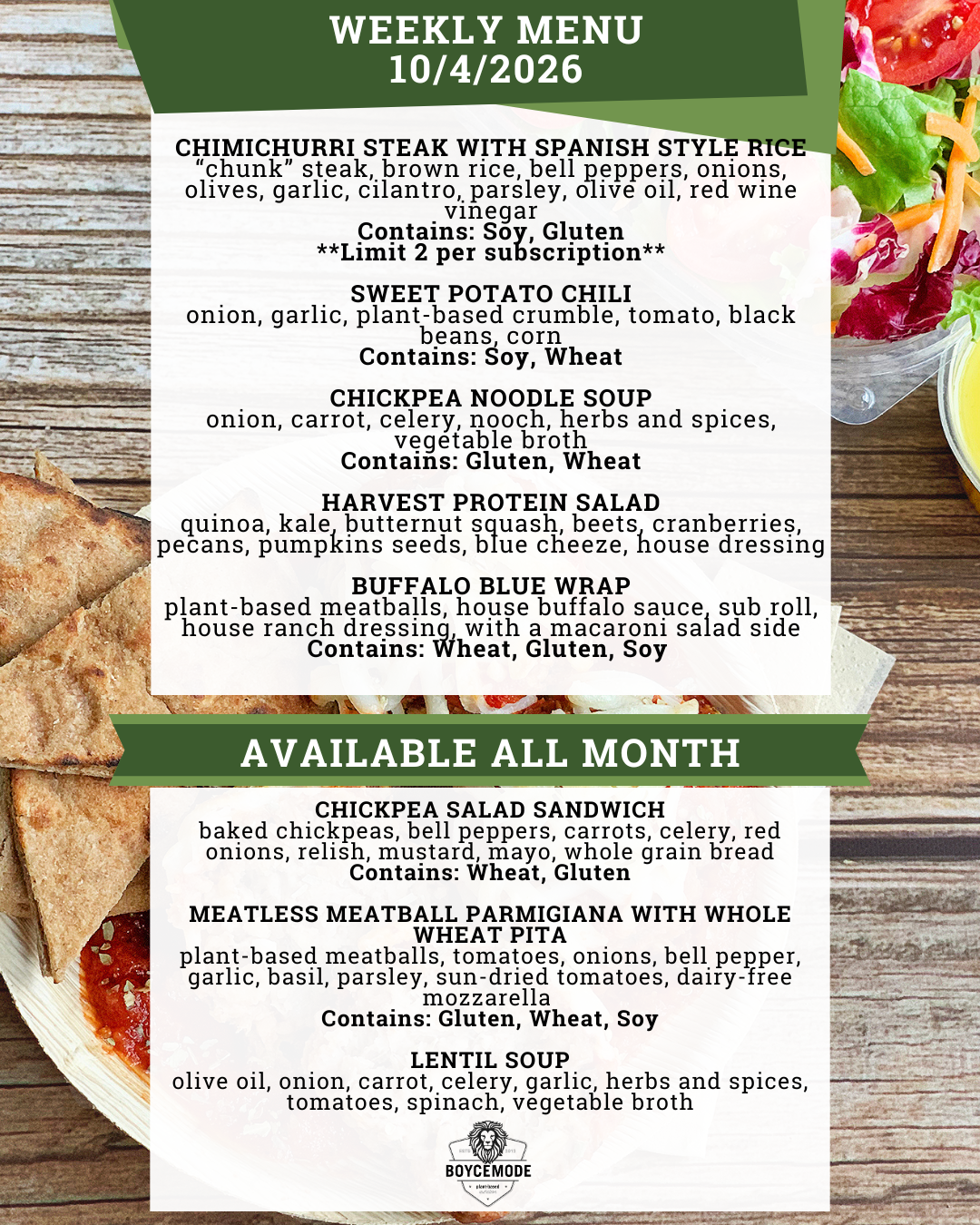 vegan meal menu