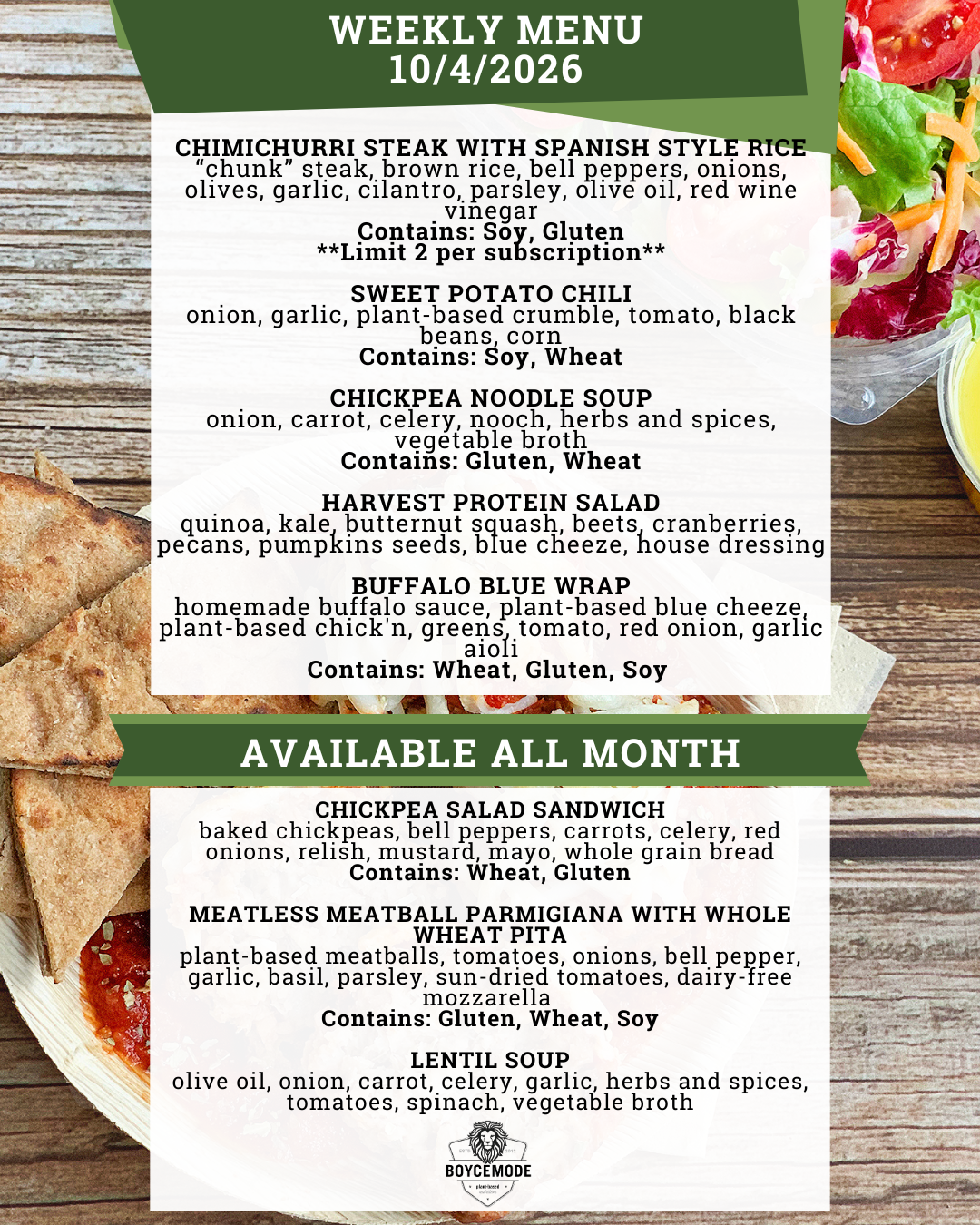vegan meal menu