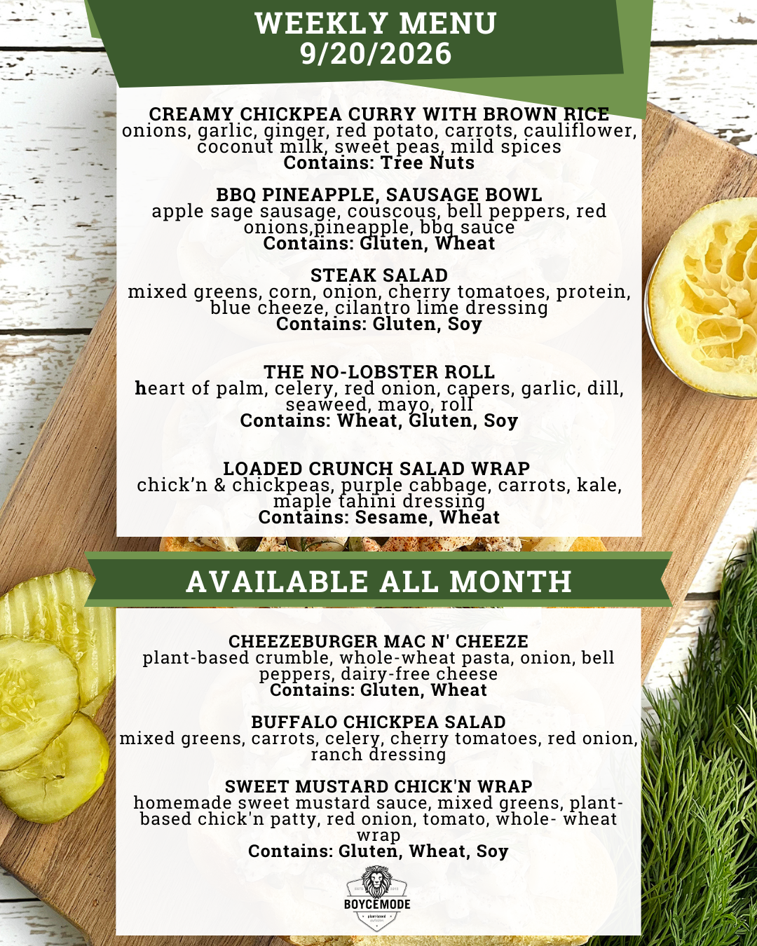 vegan meal menu