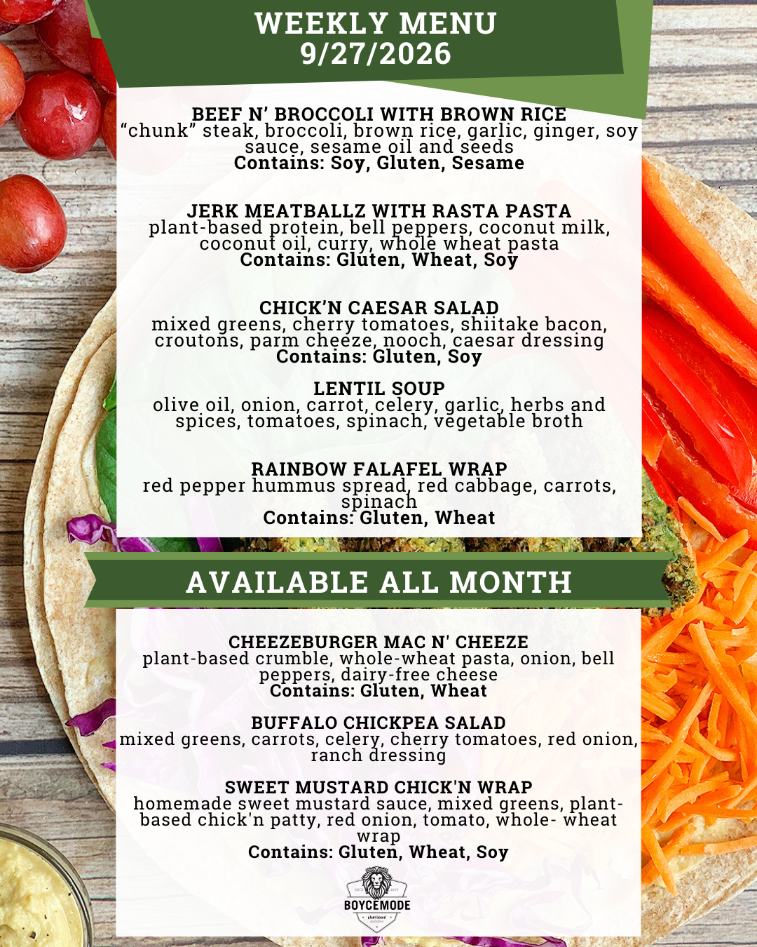 vegan meal menu