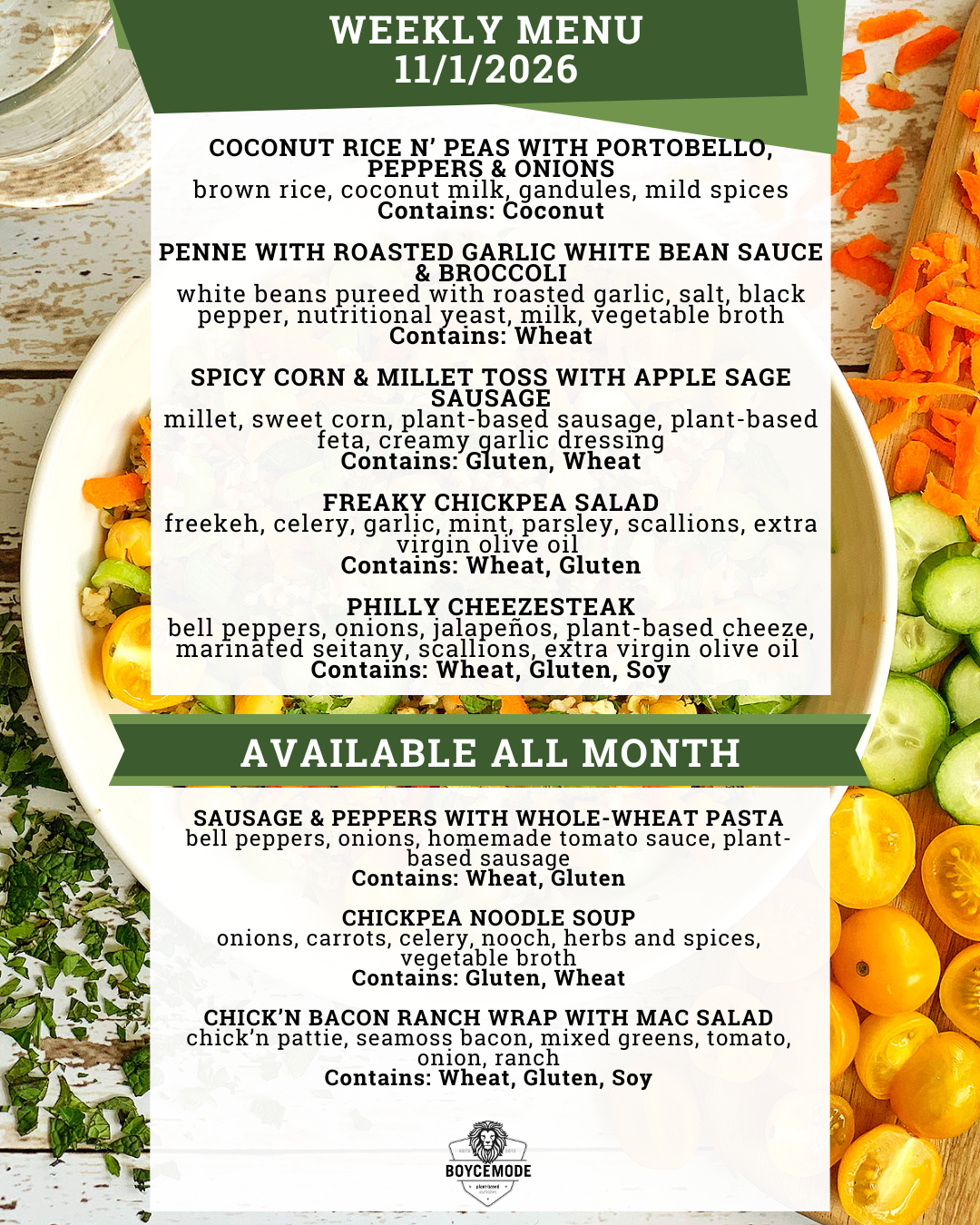 vegan meal menu