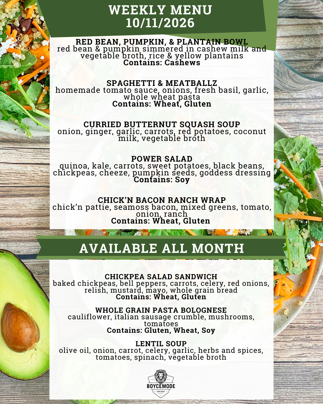 vegan meal menu